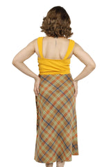 Elegant Beige Plaid Side Button Midi Skirt