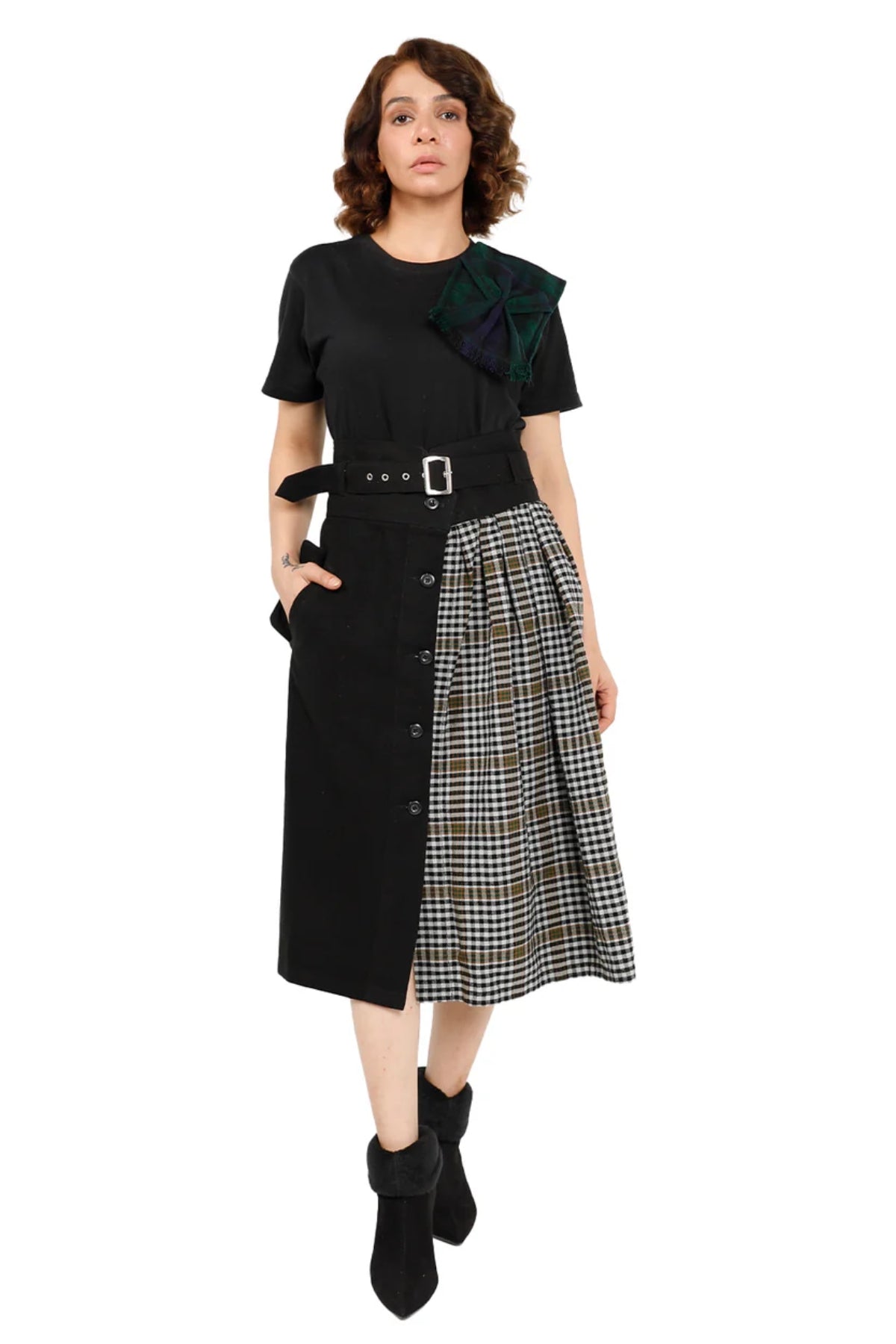 Dusk & Dawn Asymmetric Plaid Skirt with Belt Loops and Side Pocket