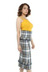 High-Waisted Long Ruffle Plaid Skirt with Side Button Closure