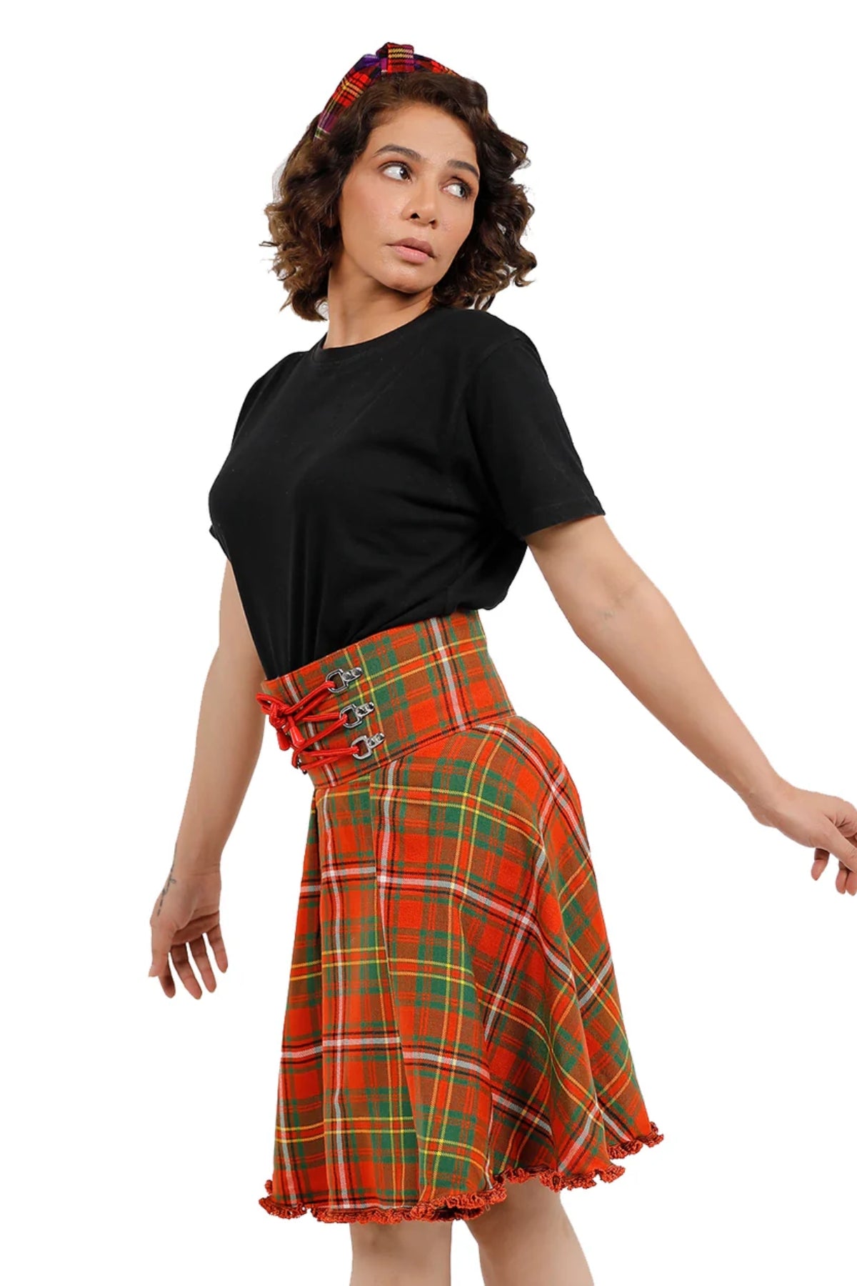 Lace-Up Plaid Skirt