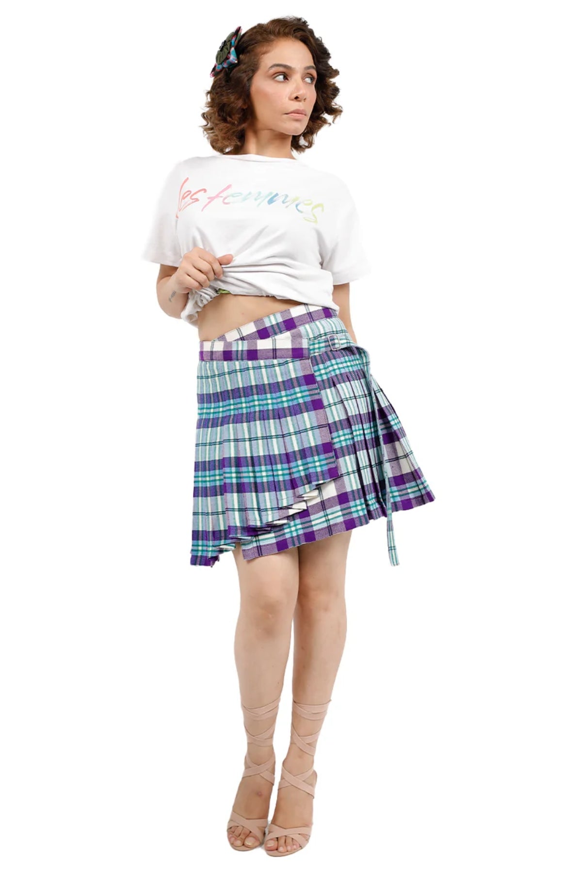 Wrap-Style Pleated Plaid Mini Skirt 